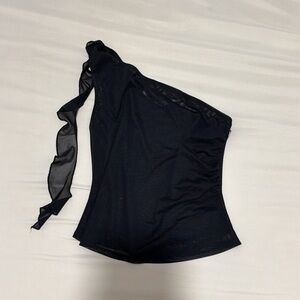 Astr One-Shoulder Black Mesh Tie Detail Top